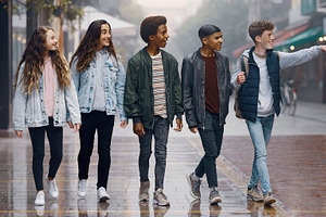 Group of five teenager walking on wet street, a Photo by DanFLCreativo