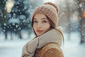 Beautiful young model woman dressed in warm clothes in winter park, a Photo by AlyaAnd
