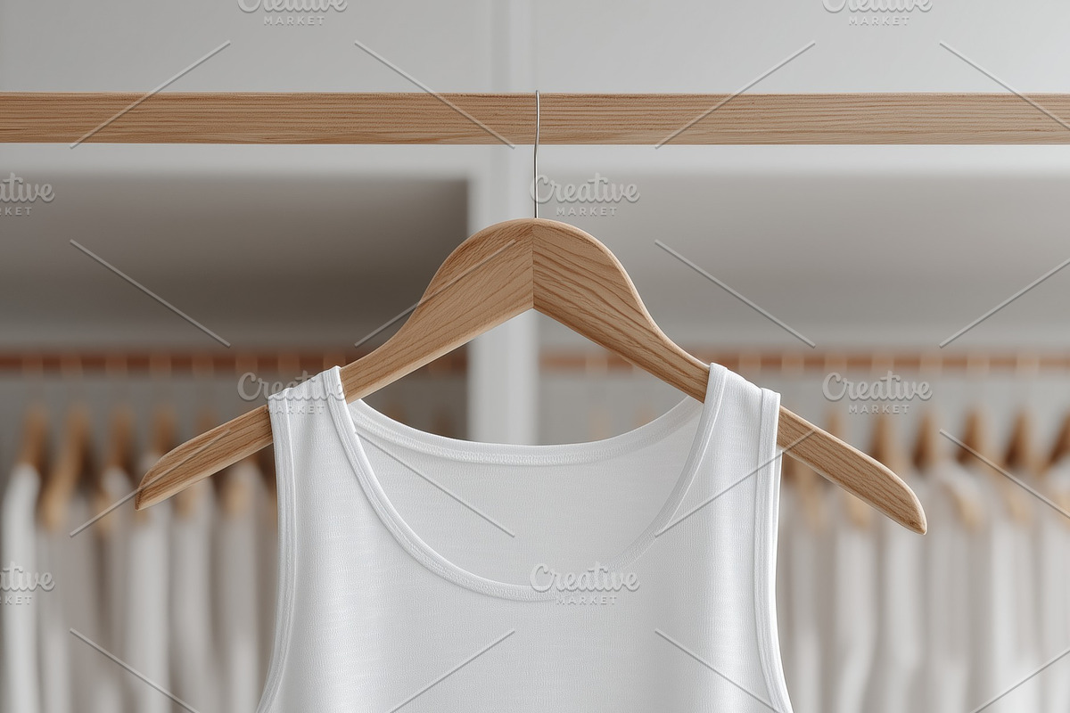 A plain white tank top mockup hanging on a wooden hanger in a minimalist closet, a Shirt Mockup by Textures & Backgrounds