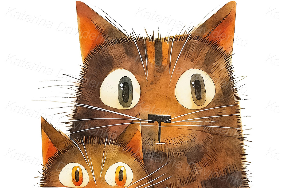 Watercolor cartoon funny cats PNG, an Animal Illustration by Bubert Art