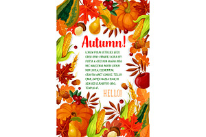 Hello Autumn Poster With Fall Season Leaf Frame