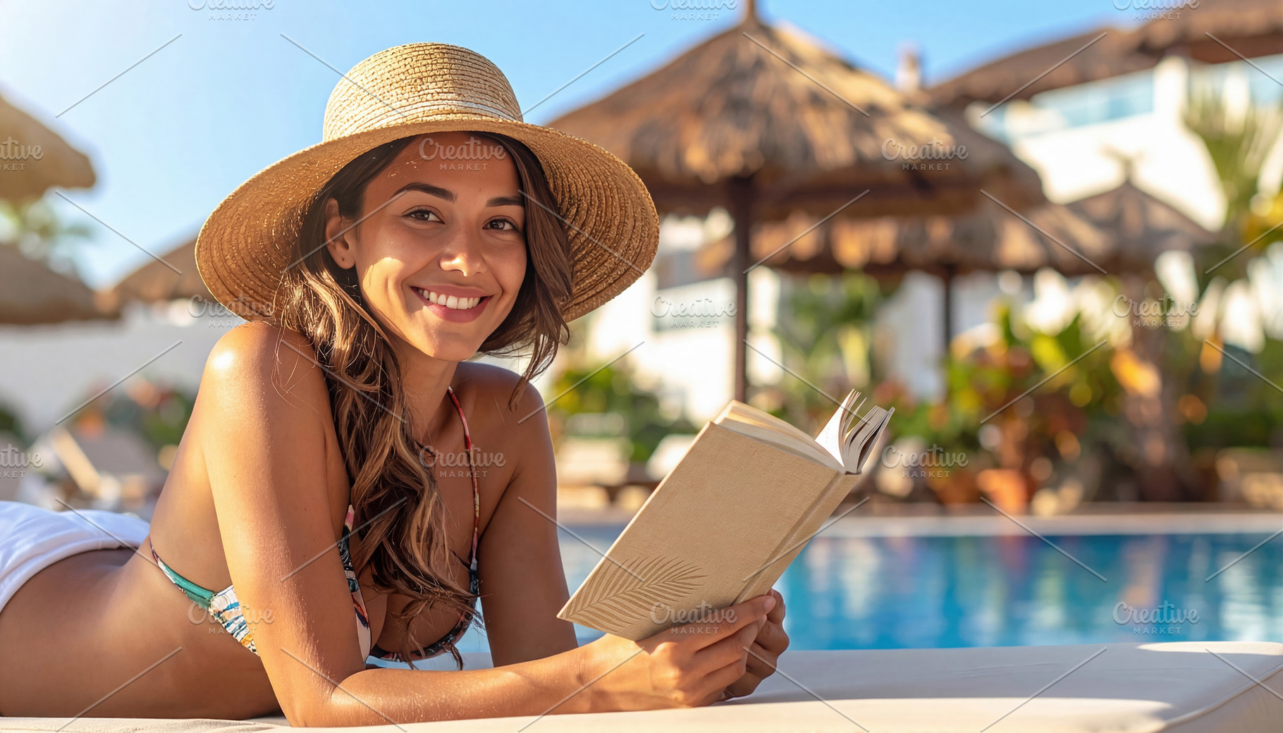 Smiling Woman Reading by Sunny Poolside, a Sports & Recreation Photo by Davizro's Market