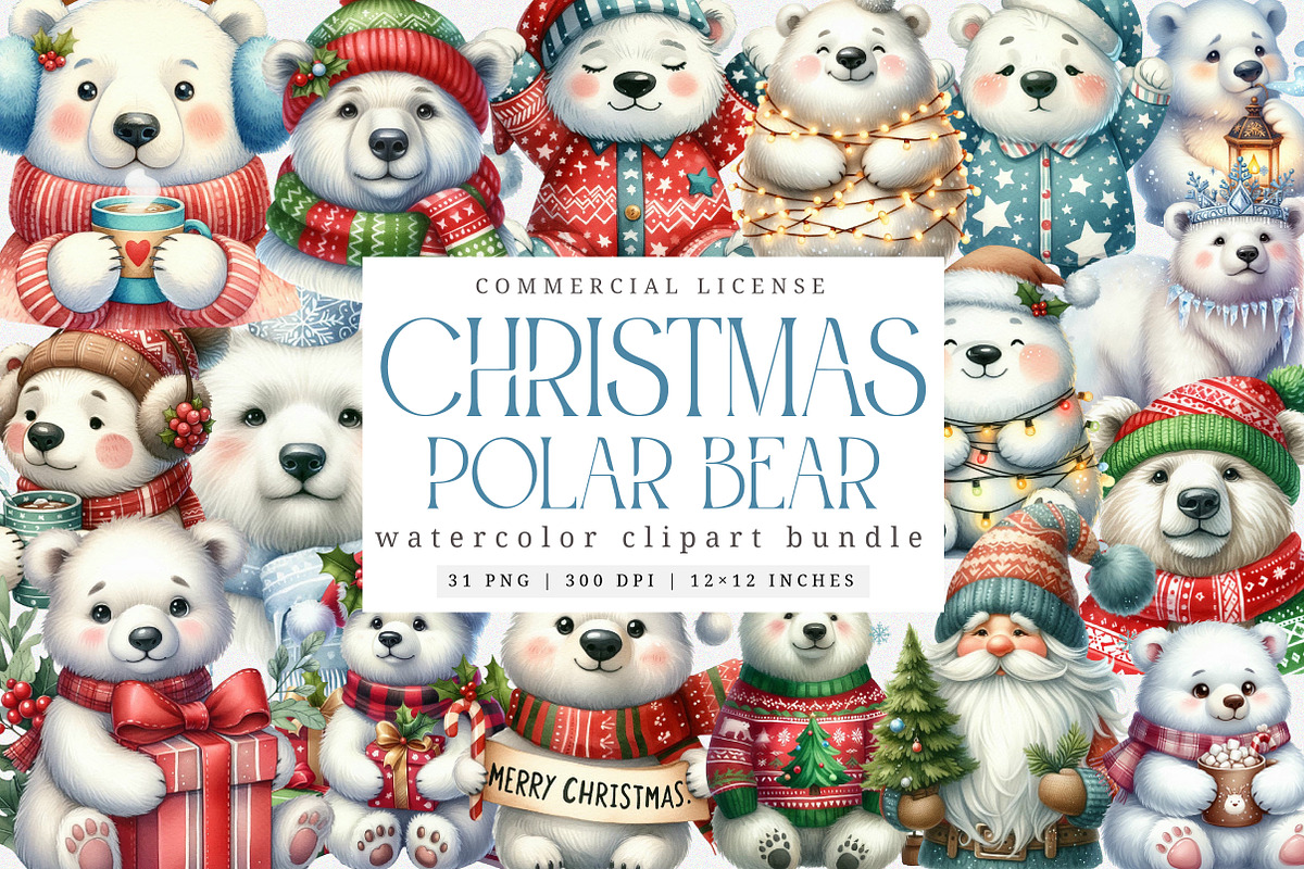 Christmas Polar Bear Clipart Bundle, an Illustration by SinaCreation (Photo 1 of 7)