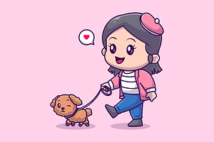 Cute Girl Walking With Poodle Dog, a Person Illustration by Catalyst Labs