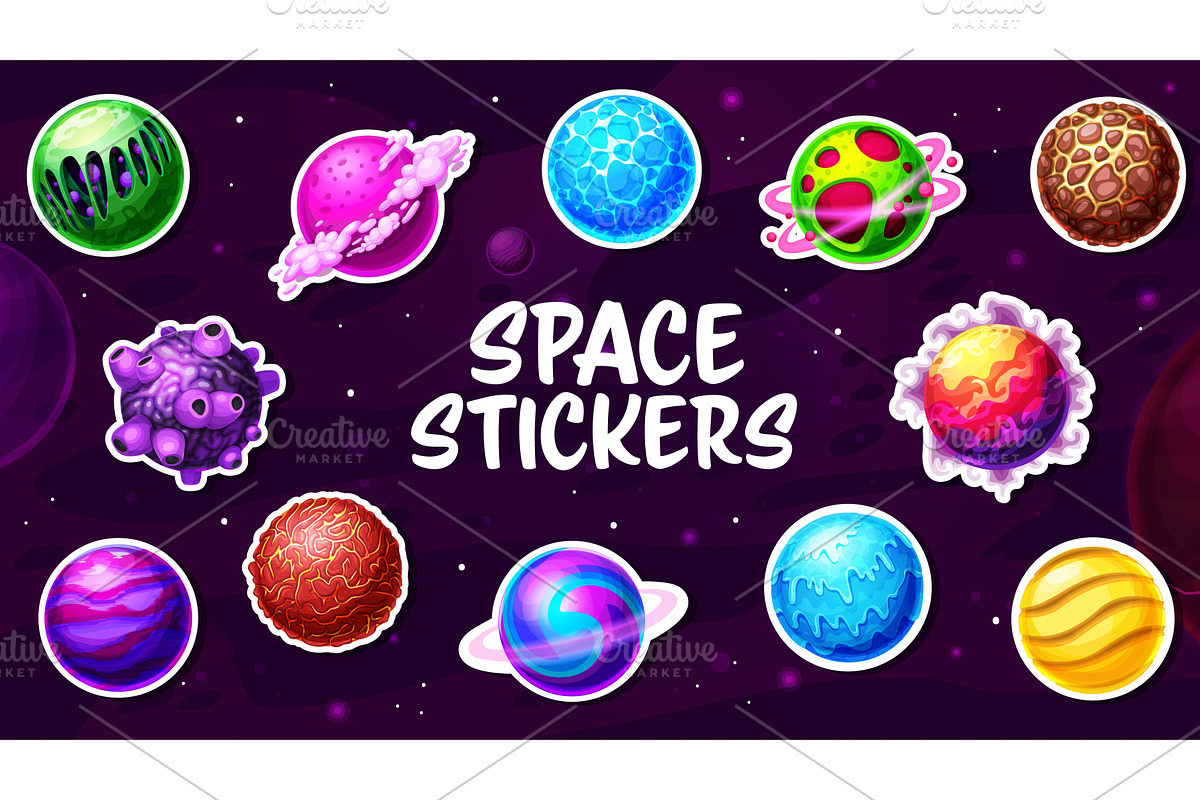 Alien space planets cartoon stickers, an Object Illustration by Buch&Bee