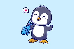 Cute Penguin Holding Fish Cartoon, an Animal Illustration by Catalyst Labs
