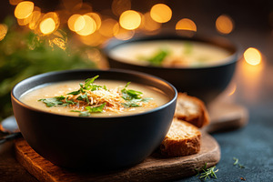 Vibrant soup with croutons and seeds, a Food & Drink Photo by AlyaAnd