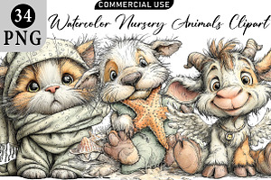 Watercolor Nursery Animals Clipart, an Illustration by Daily.Designs