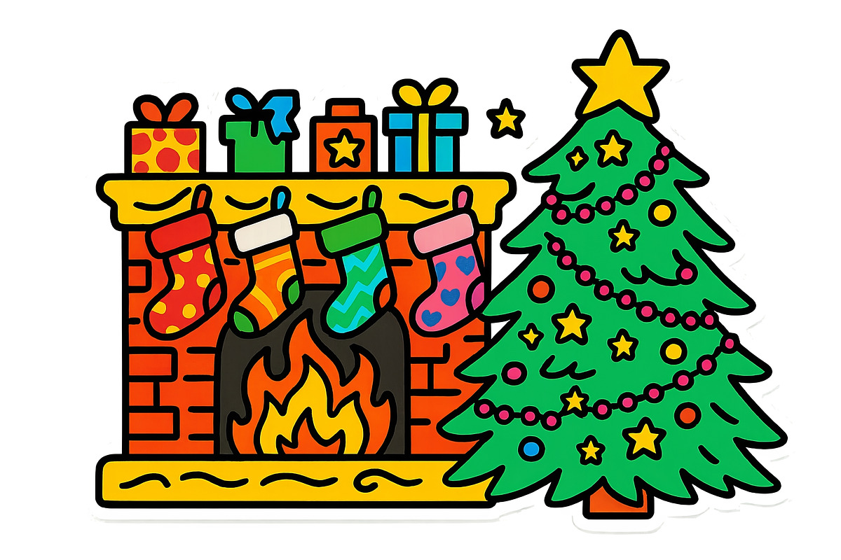 Christmas tree and stockings by a fi, an Illustration by Dvoevnore photos