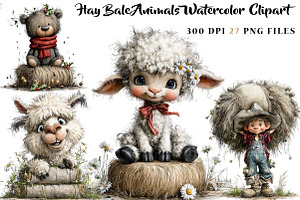 Hay Bale Animals Watercolor Clipart, a Seasonal Illustration by CreationArt