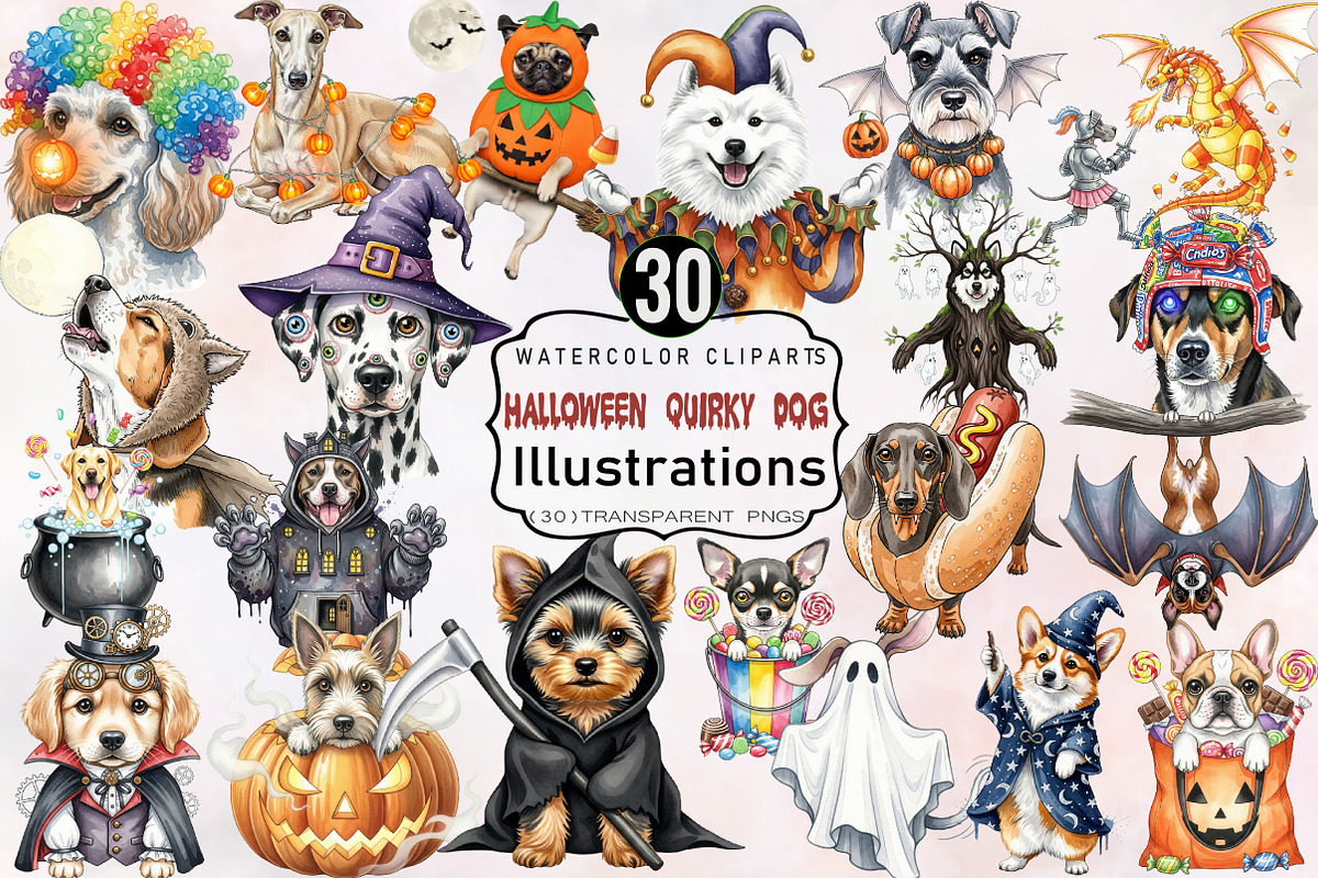 Halloween Quirky Dog Clipart Bundle., an Illustration by SVGArt (Photo 1 of 8)