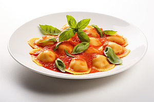 Italian ravioli pasta with tomato sauce on white background, a Food & Drink Photo by AlyaAnd