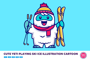 Cute Yeti Playing Ski Ice Cartoon