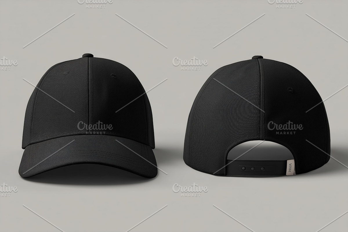 A black baseball cap mockup from the front and back, featuring a smooth ...
