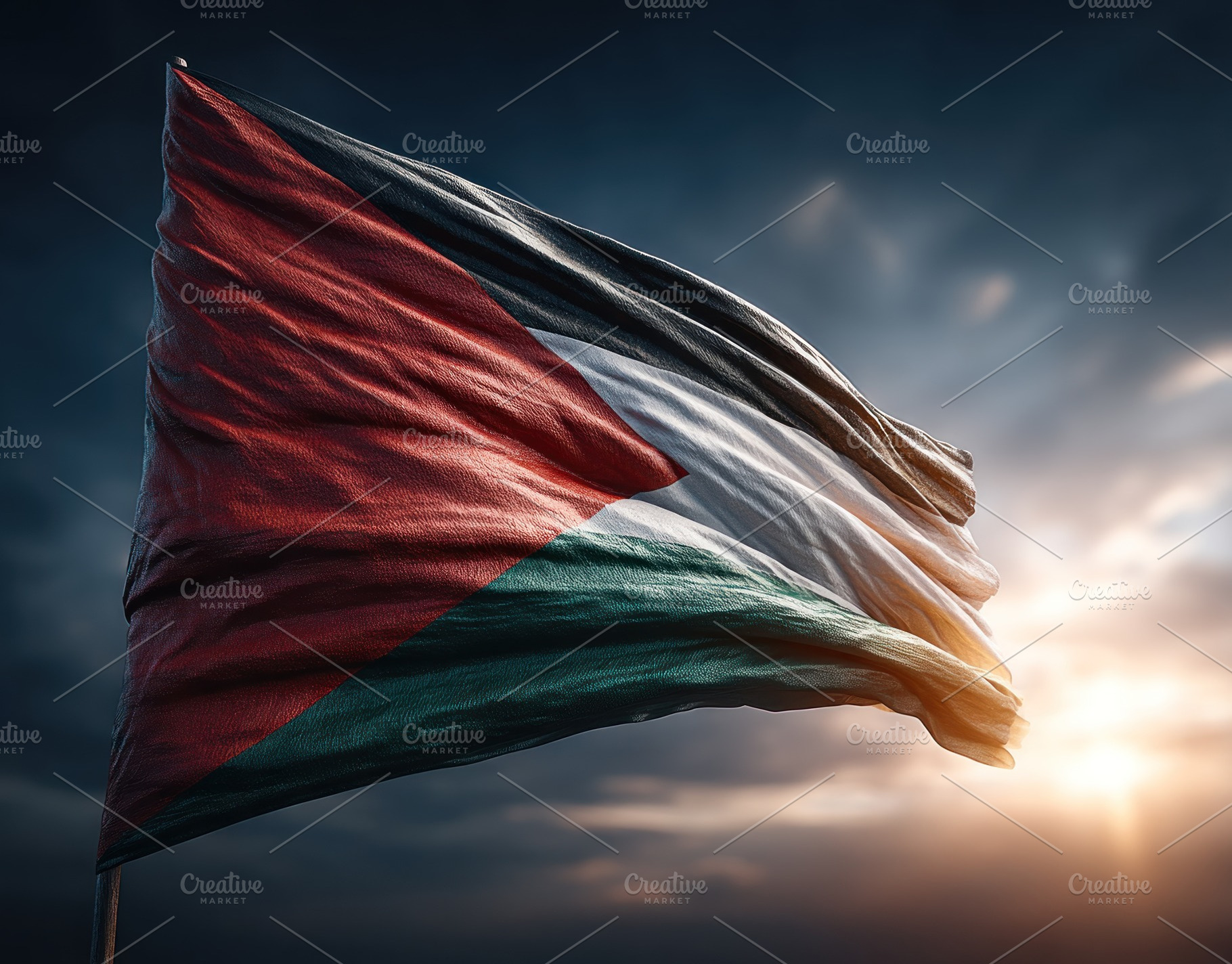 Palestinian flag waving in dramatic sunset sky with realistic fa, an Abstract Photo by José Manuel Gelpi
