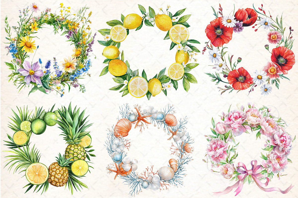 Watercolor Summer Wreath Clipart, an Illustration by DreamCafeArt (Photo 3 of 7)