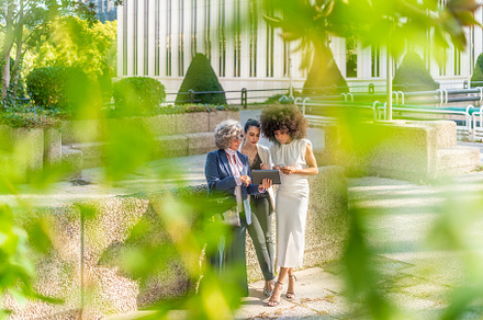 three businesswomen talking behind a curtain of leaves, a Business Photo by Iván Moreno STOCK PHOTO