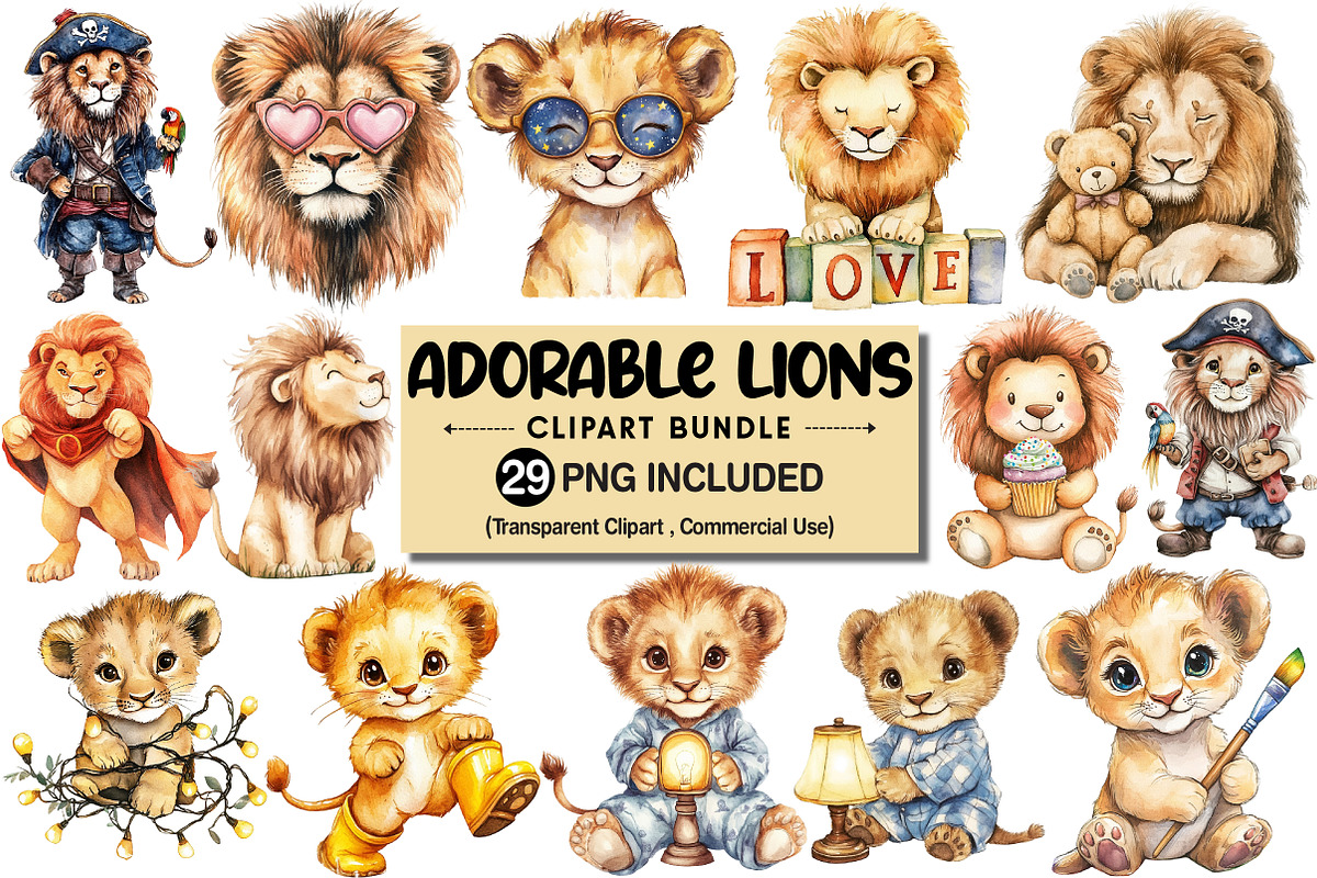 Adorable Lion Clipart Bundle, an Illustration by Pixels.Craft (Photo 1 of 7)