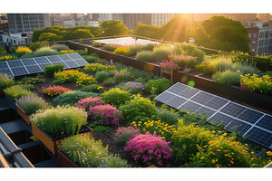 Rooftop garden with solar panels and, an Illustration by tilialucida