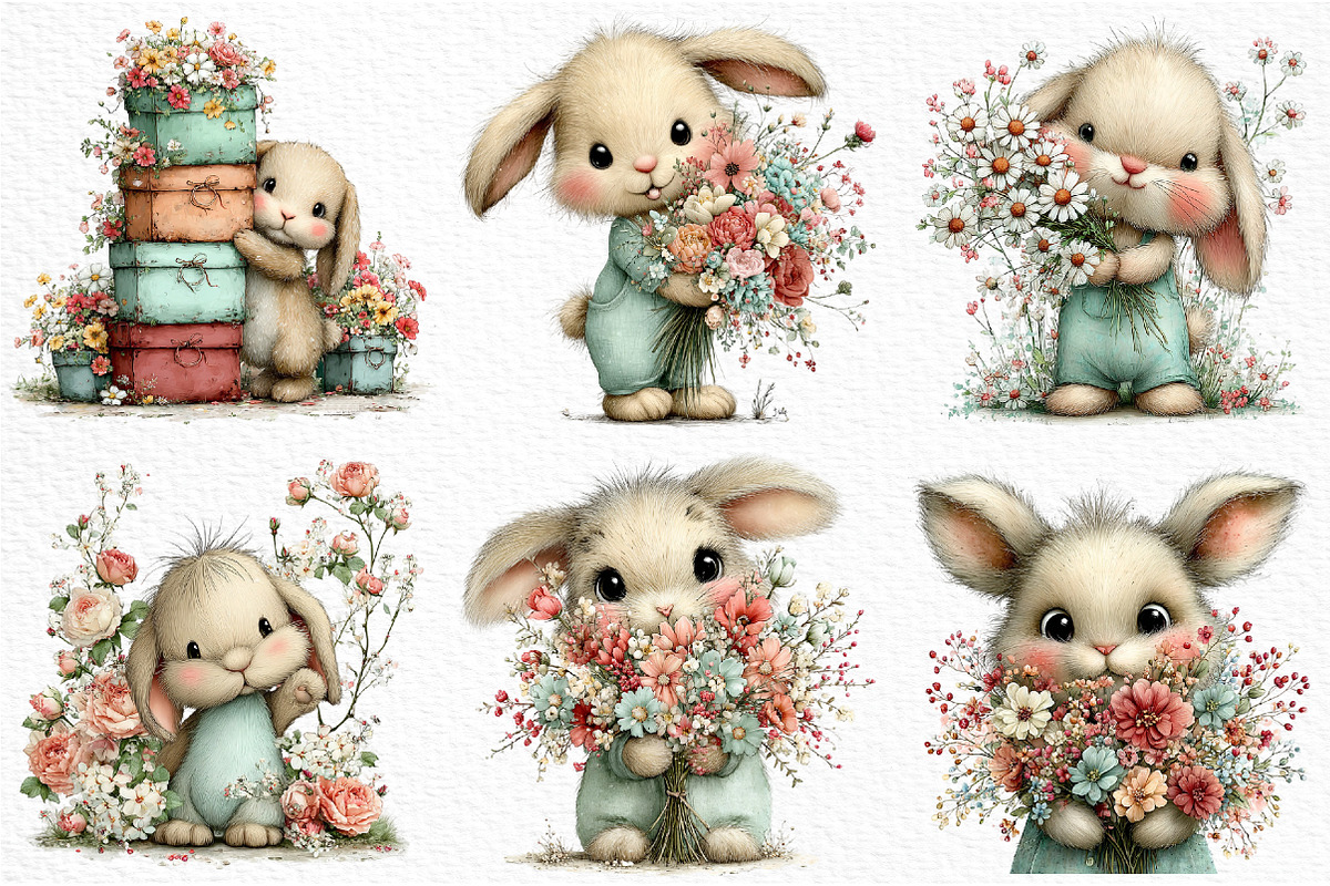 Bunny and Flowers Clipart PNG, an Illustration by Craft Nest (Photo 4 of 12)