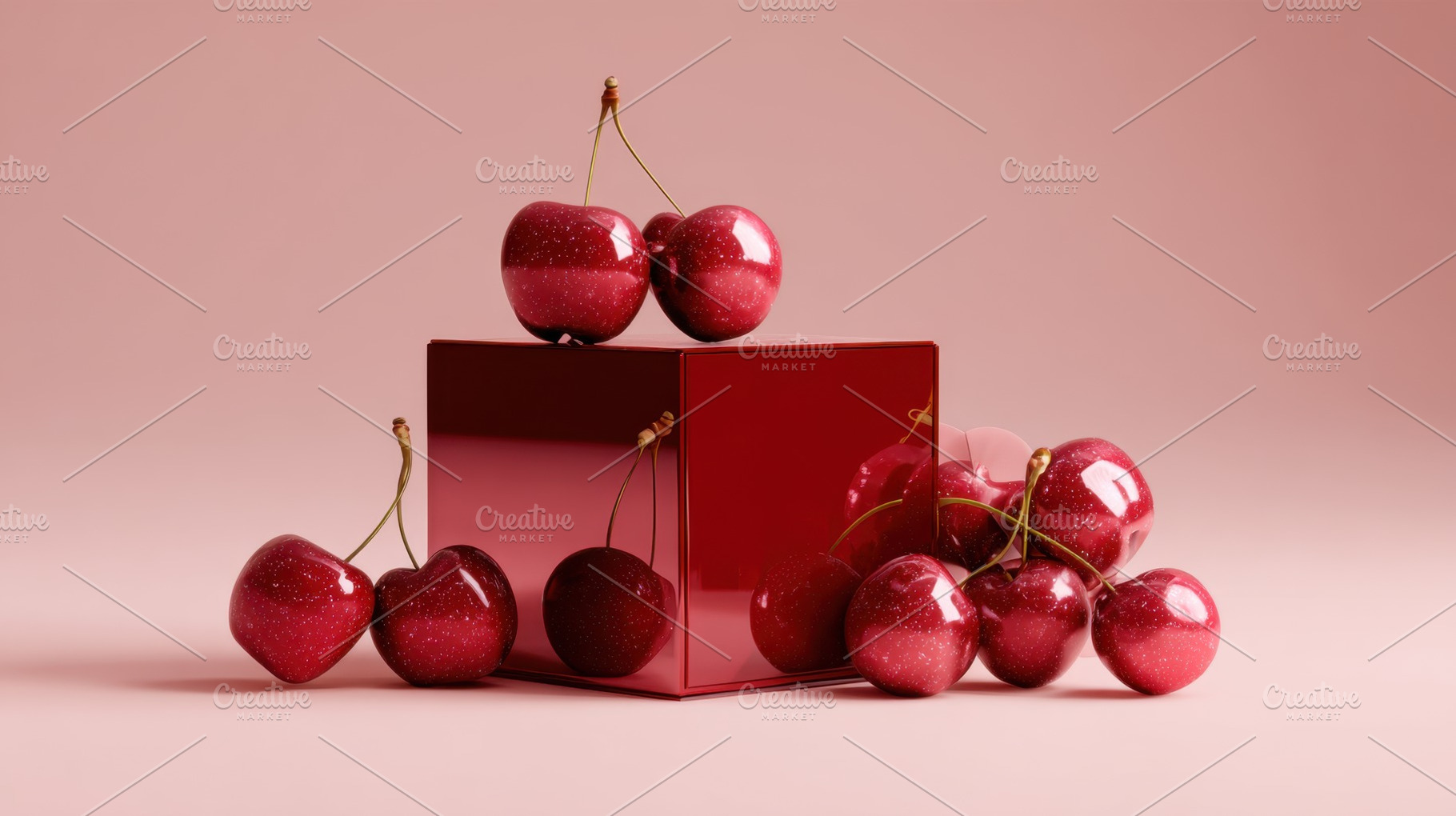 Bright red cherries on a cube stand, a Photo by Beautiful things