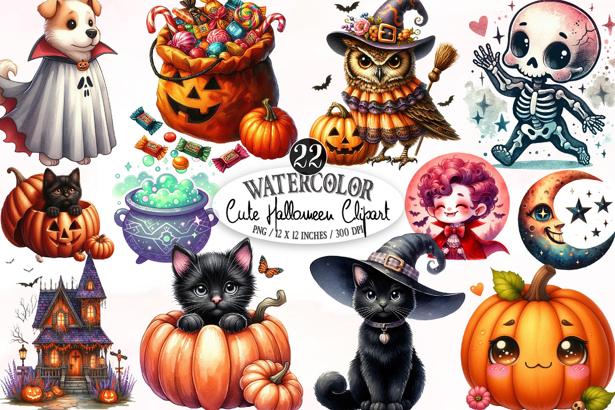 Watercolor Cute Halloween Clipart Bu, an Illustration by Designking (Photo 1 of 4)