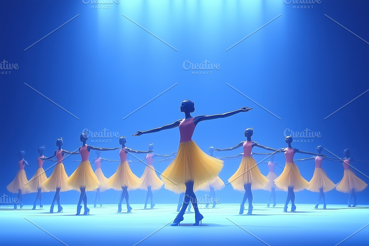 A group of ballet dancers performing in unison on stage, wearing ...
