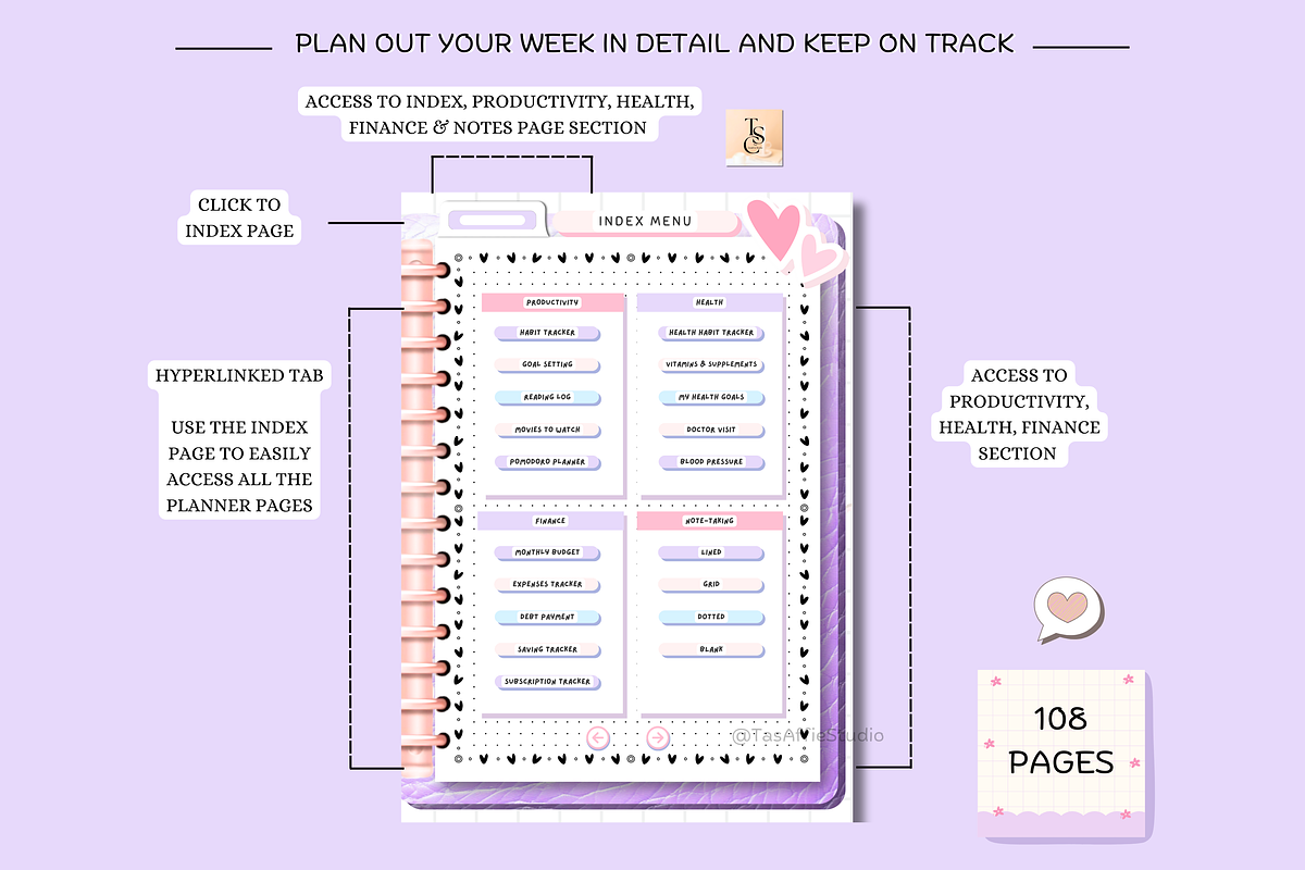 Portrait Purple Digital Planner, a Stationery Template by Tas Creative Studio (Photo 5 of 12)