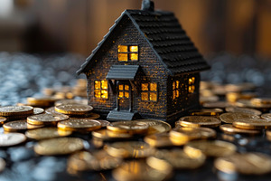 Illuminated Miniature House on a Sea of Coins: Investment and Real Estate Conce, a Photo by AS photostudio