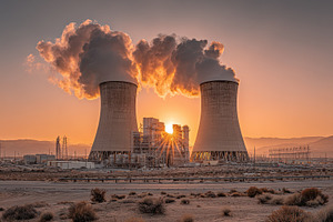 Sunset over power plant cooling towe, a Photo by Pixeness Studio