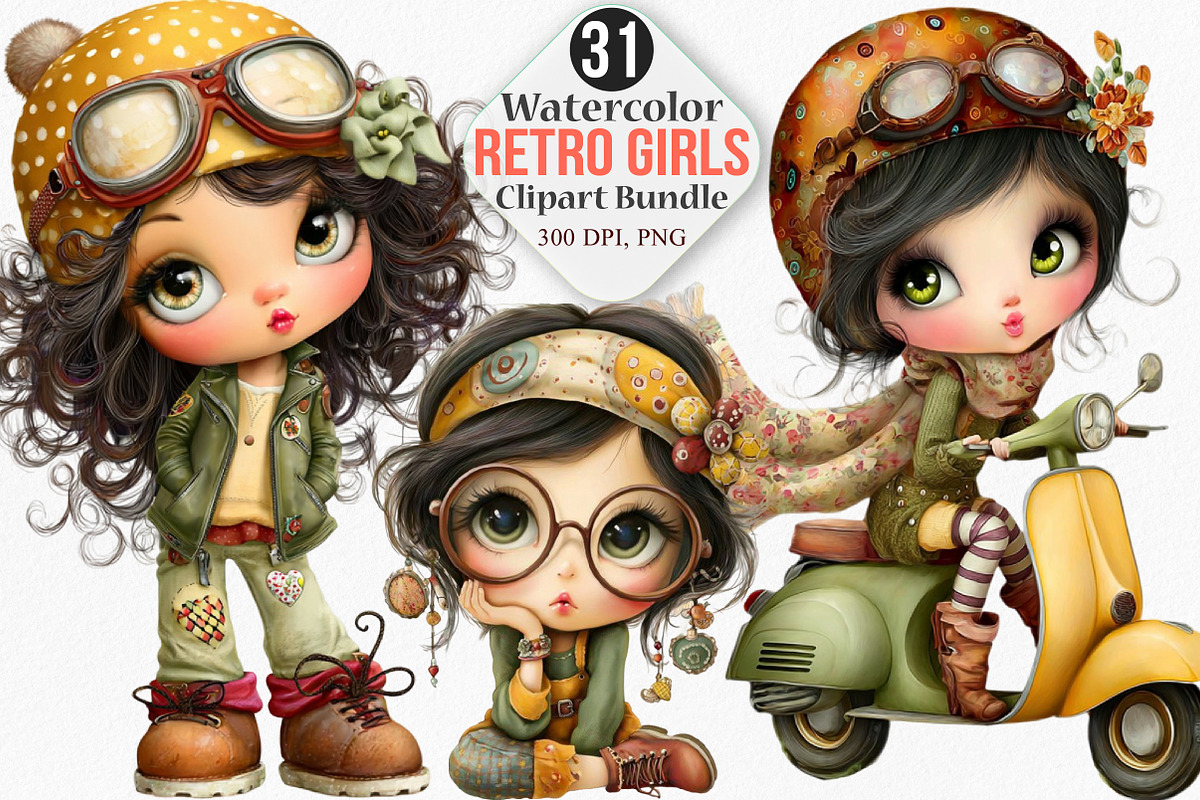 Watercolor Retro Girls Clipart, an Illustration by Canvas Craft (Photo 1 of 8)