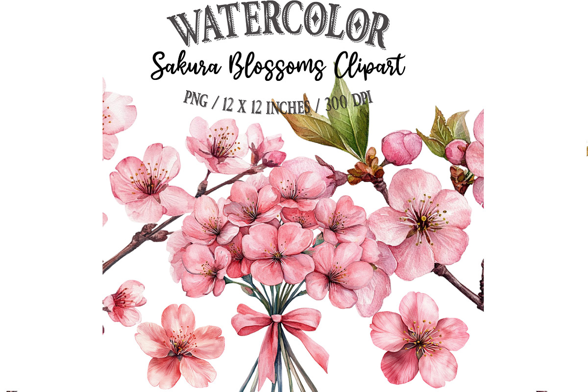Watercolor Sakura Blossoms Clipart, an Illustration by Designking (Photo 1 of 5)