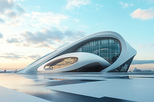 Beautiful futuristic facade of airport building, an Architecture Photo by AlyaAnd