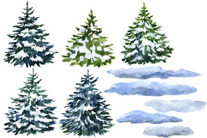 Watercolor Clipart. Winter Trees