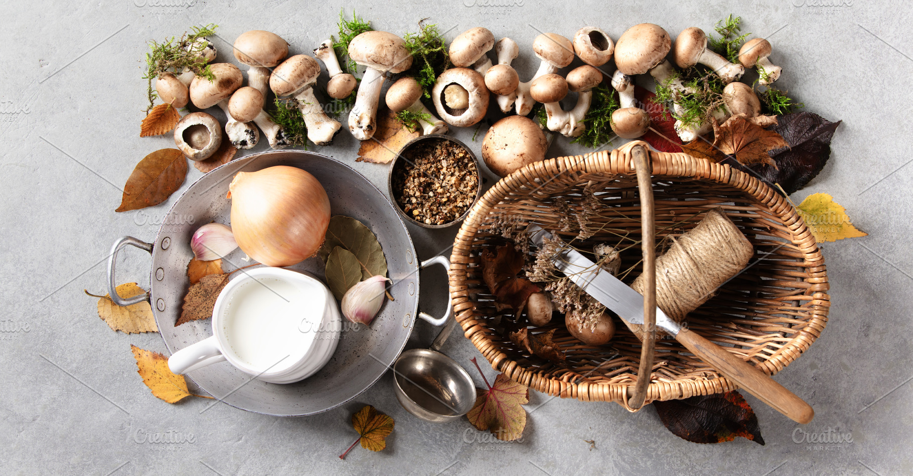 Autumn Cooking Ingredients with Mushrooms, Basket, and Spices, a Food & Drink Photo by Natalia Klenova's Shop