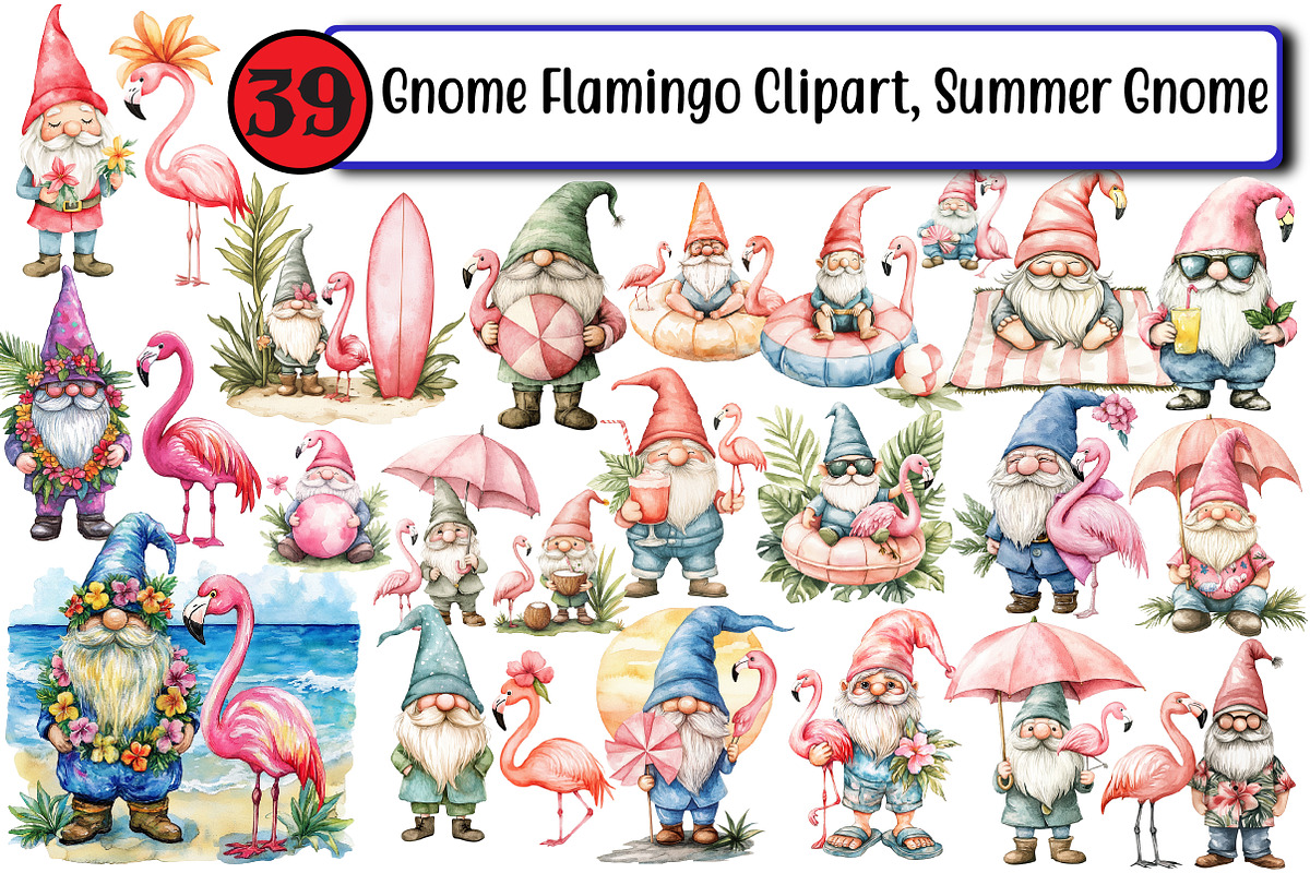 Gnome Flamingo Clipart, summer gnome, an Illustration by Design Market (Photo 1 of 3)