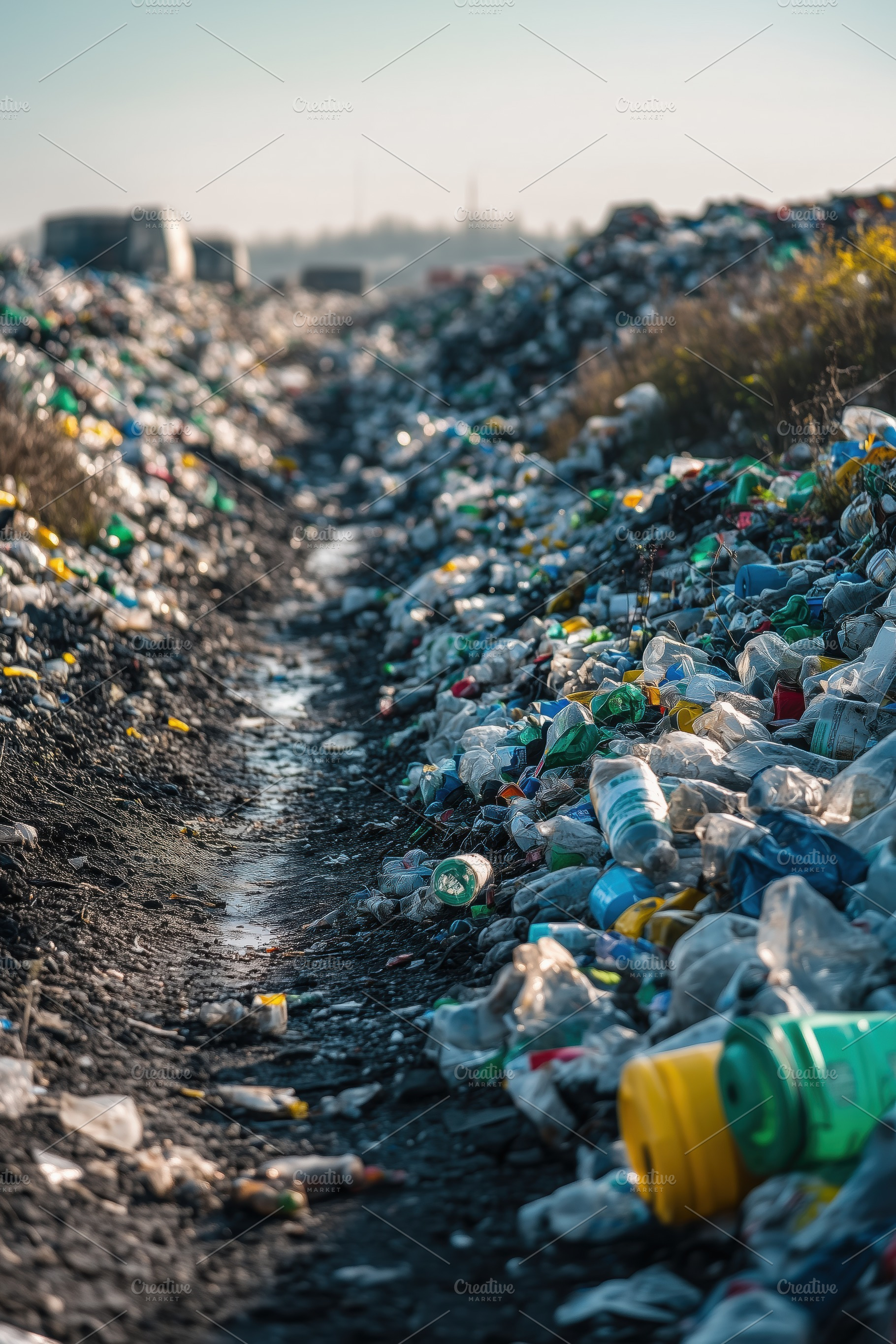 A polluted landscape filled with plastic waste and debris, showcasing a narrow, a Person Photo by Textures & Backgrounds