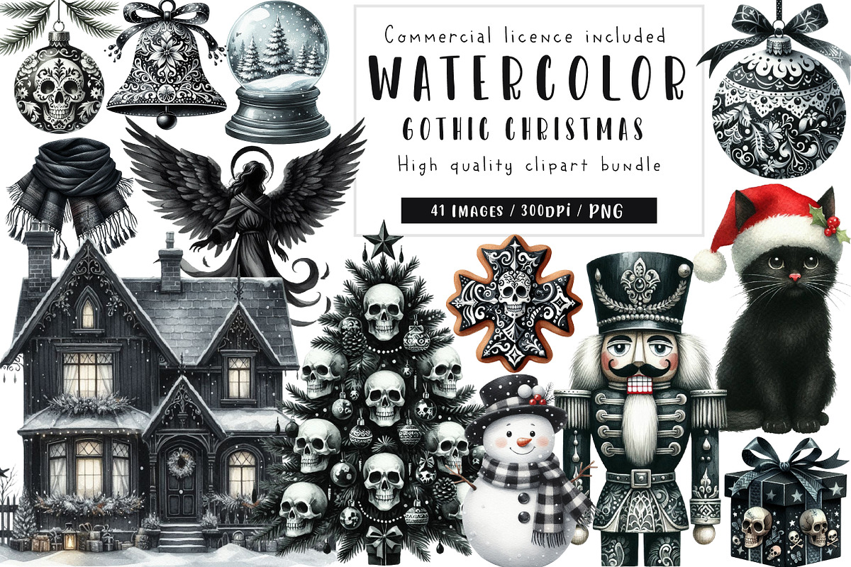 Watercolor Gothic Christmas Clipart, an Illustration by CreationArt (Photo 1 of 7)