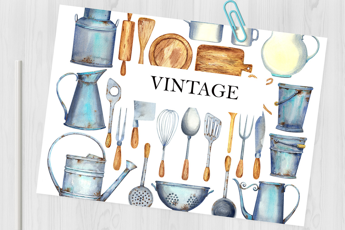 Watercolor ANTIQUE KITCHEN UTENSILS, an Object Graphic by JennyColorArt (Photo 2 of 5)