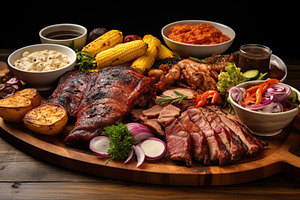 BBQ marinated meat with vegetables on wooden table, a Food & Drink Photo by AlyaAnd