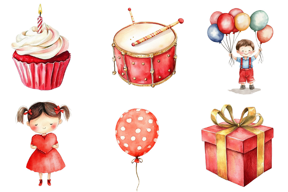 Red Kids Birthday Watercolor Clipart, an Illustration by SinaCreation (Photo 4 of 5)