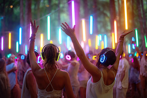 Silent disco event in the forest showcasing vibrant lights and dancing particip, a Photo by AlyaAnd