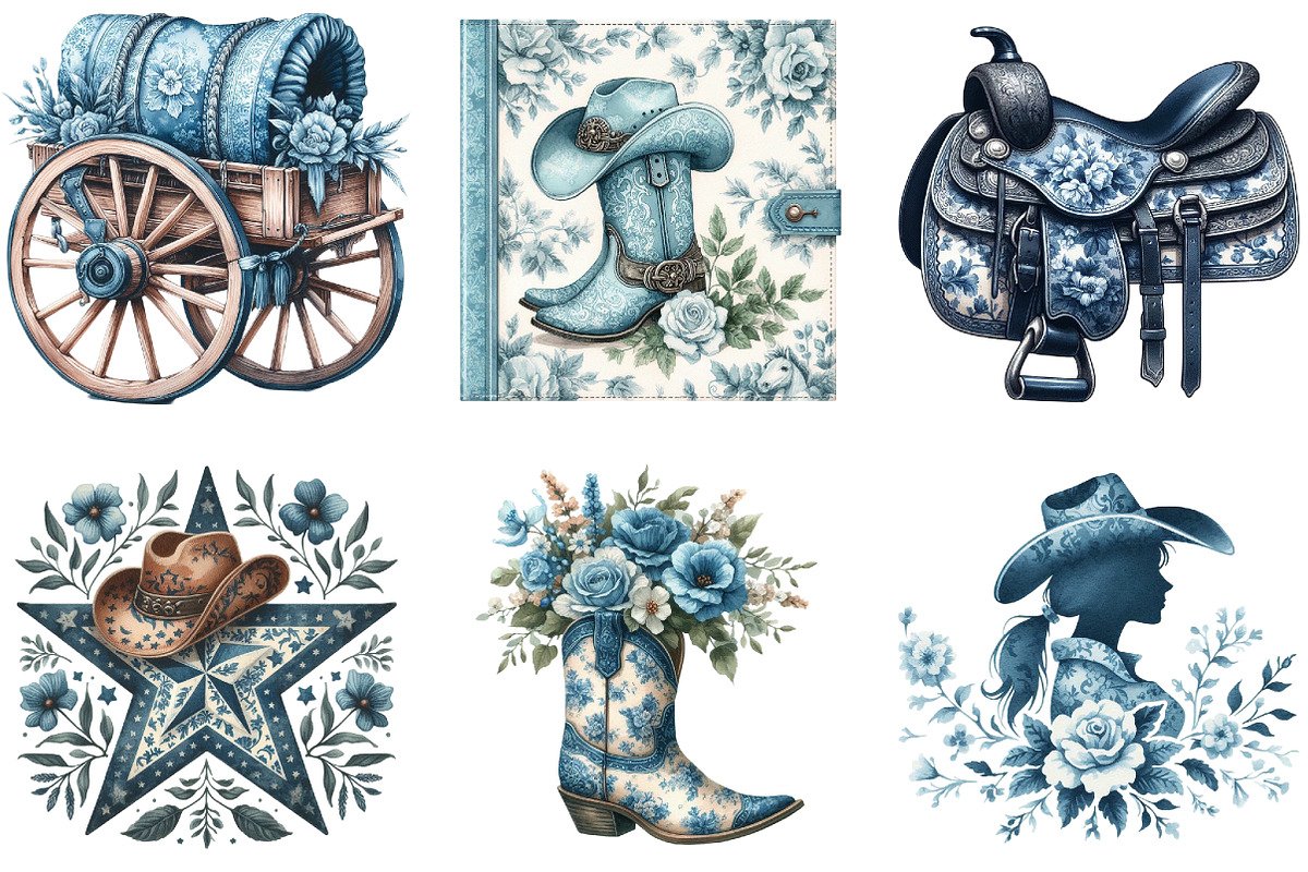 Blue Toile Cowgirl Clipart PNG, an Illustration by DreamArtGraphic (Photo 3 of 4)
