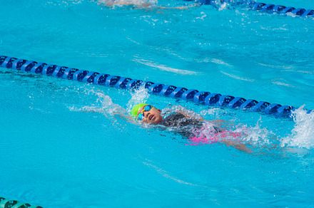 Swimmer child swims backstroke swimming style in a race swimming