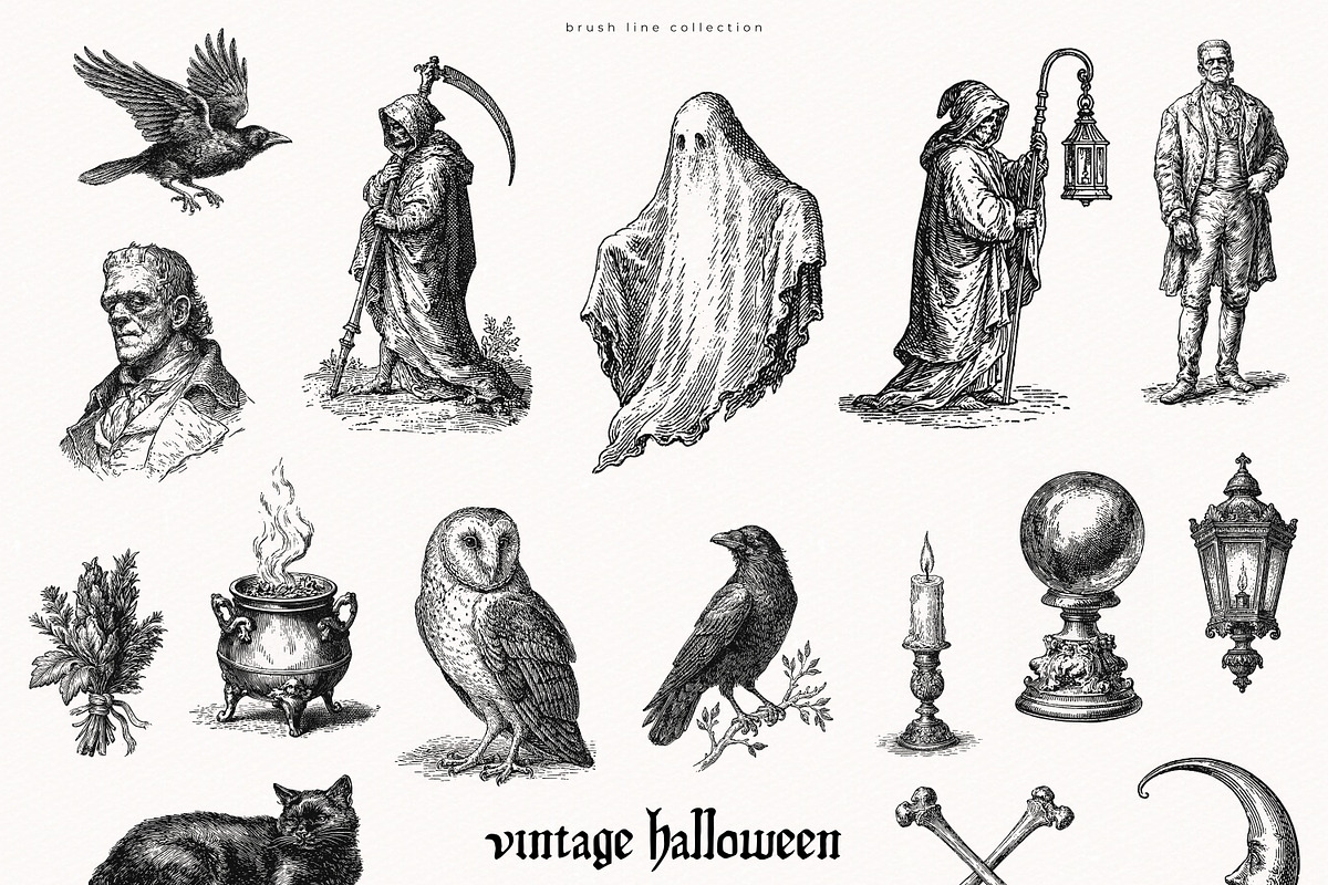Vintage Halloween Drawings, a Seasonal Illustration by PeDe Designs (Photo 2 of 12)