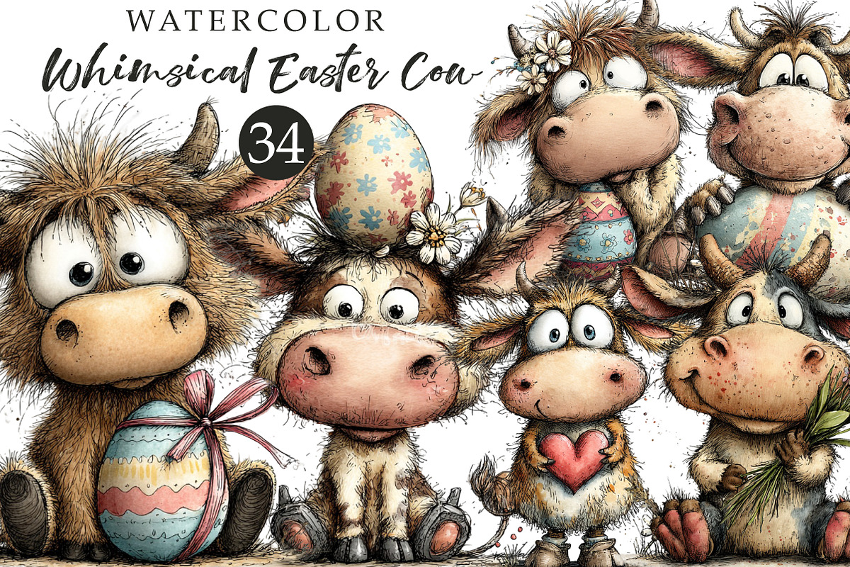 Whimsical Easter Cow Clipart, an Illustration by OK Design (Photo 1 of 6)
