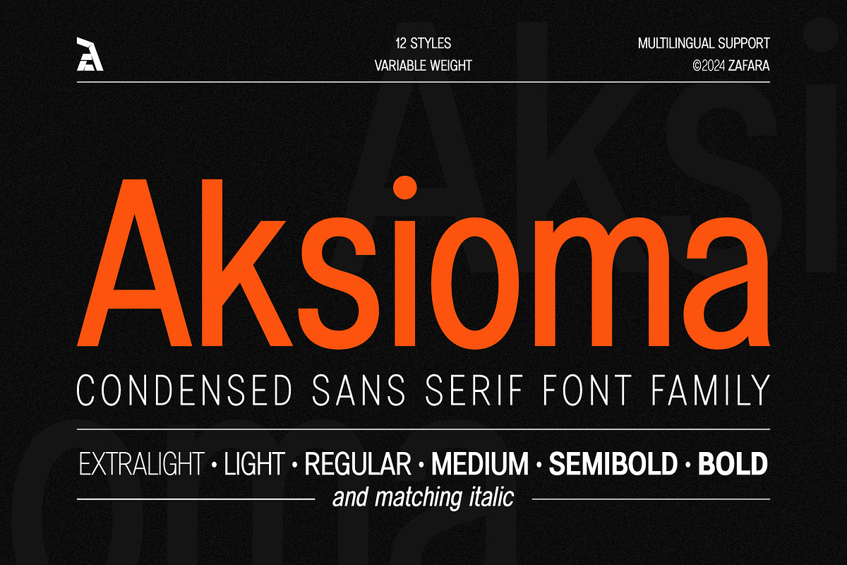 Aksioma - Condensed sans serif, a Sans Serif Font by Zafara Studios (Photo 1 of 8)