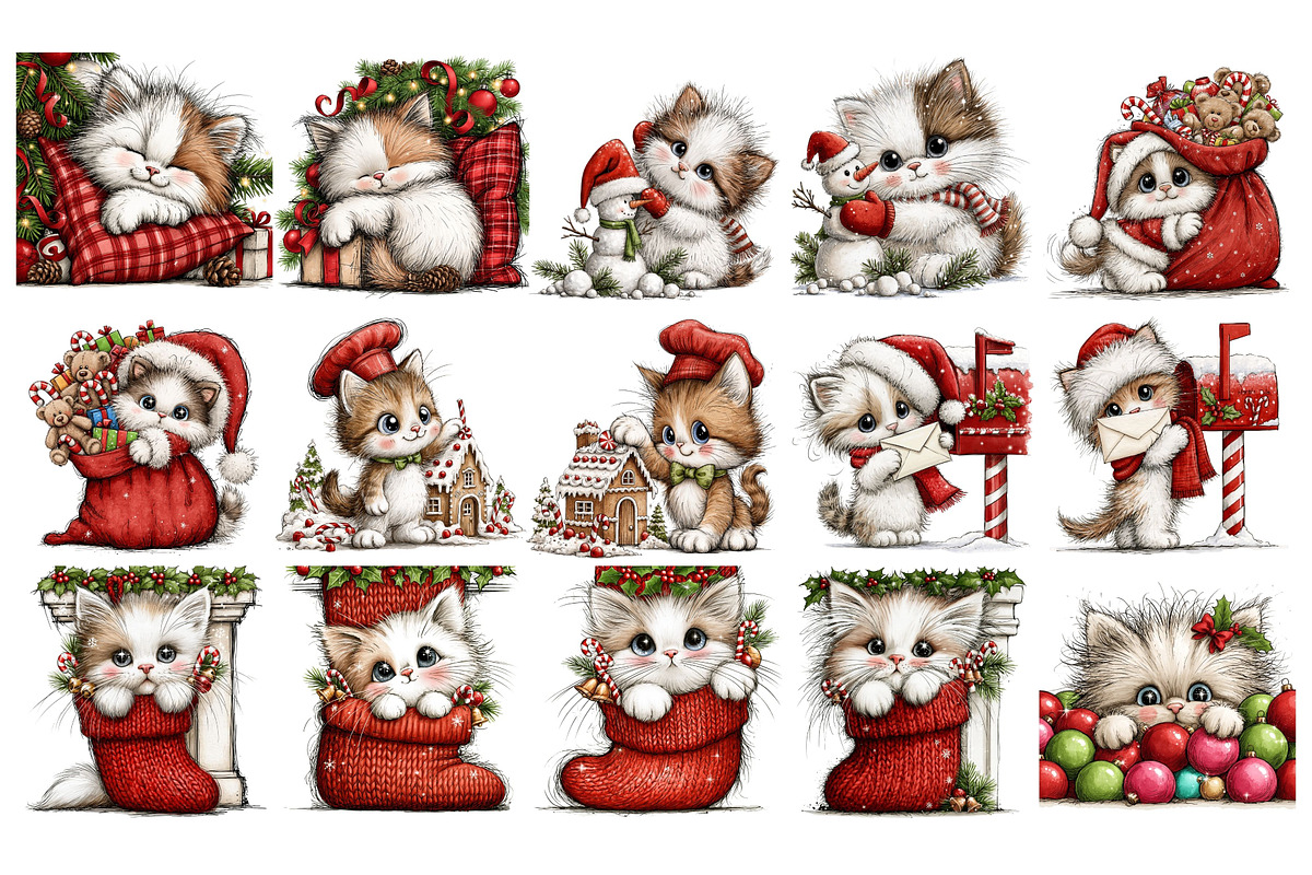 Whimsical Christmas Cats Clipart, a Seasonal Illustration by Nicolle's Colorful Art (Photo 2 of 6)