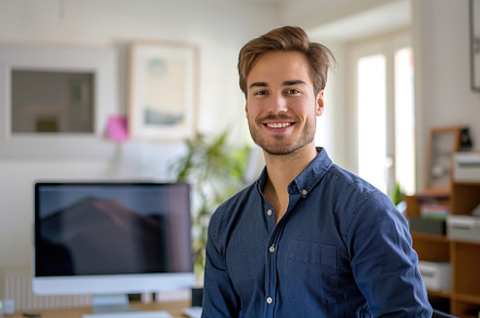 Portrait of young businessman in home office, a Person Photo by AlyaAnd