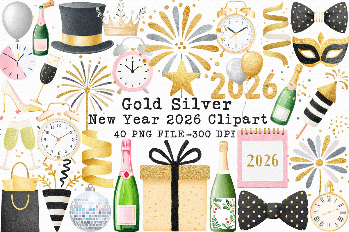 Gold Silver New Year 2026 Clipart, an Illustration by Libby Wishes (Photo 1 of 5)